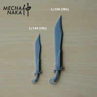 MechaNaka's Gunpla weapon - A miniature mecha style Chinese saber, inspired by traditional Oxtail Dao and Da-dao. HG and MG size comparison.