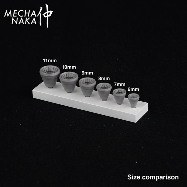MechaNaka's Gunpla Detail Parts - An assorted pack of verniers / thrusters of the same size in 4 styles. Pack includes 4 pairs of different style verniers in the size of your choice. Size Comparison.